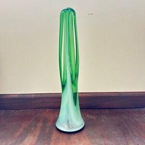 Vintage MCM Green Slag Swung Glass Vase Fingered Ribbed Art Glass 12 Inch